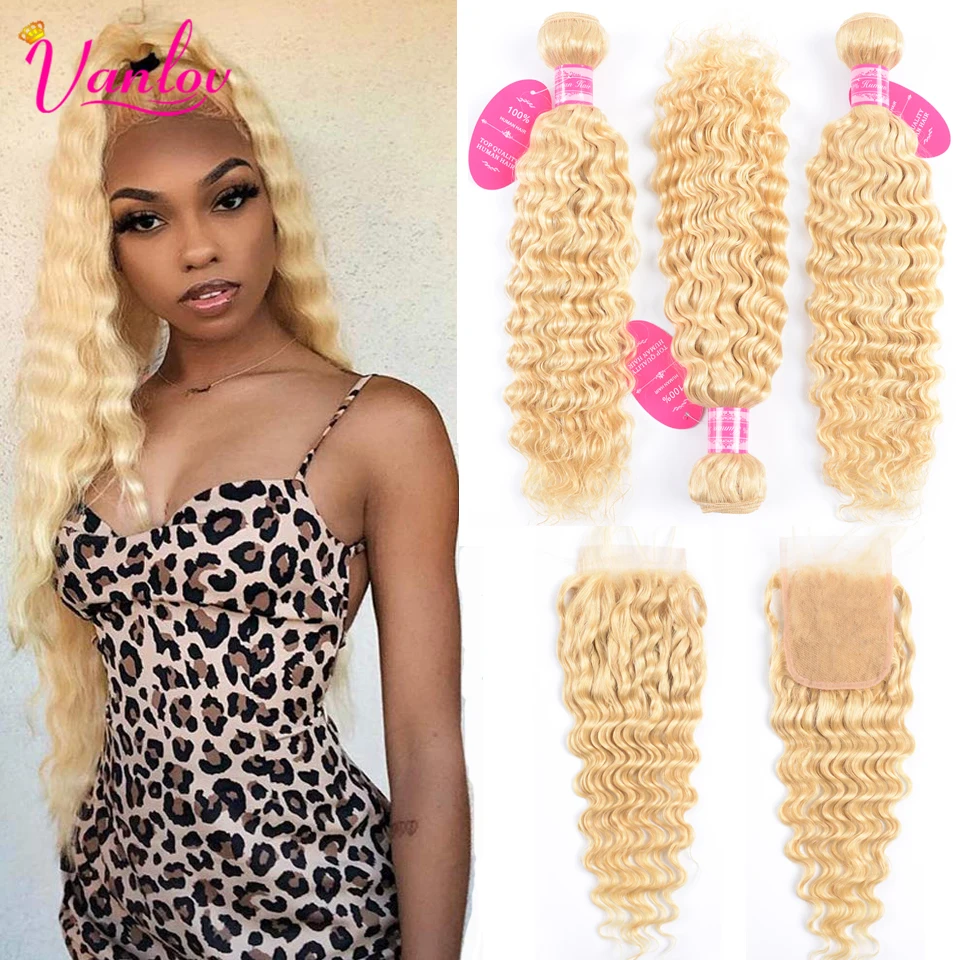 Vanlov 613 mechones con cierre brasileño de la onda profunda 3 mechones con cierre Rubio Remy extensiones de cabello humano mechones con cierre