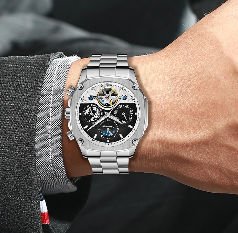 FORINING мужские часы автоматические механические часы Moon phase Tourbillon часы для мужчин s Скелет Мужские часы Relogio Masculino подарки