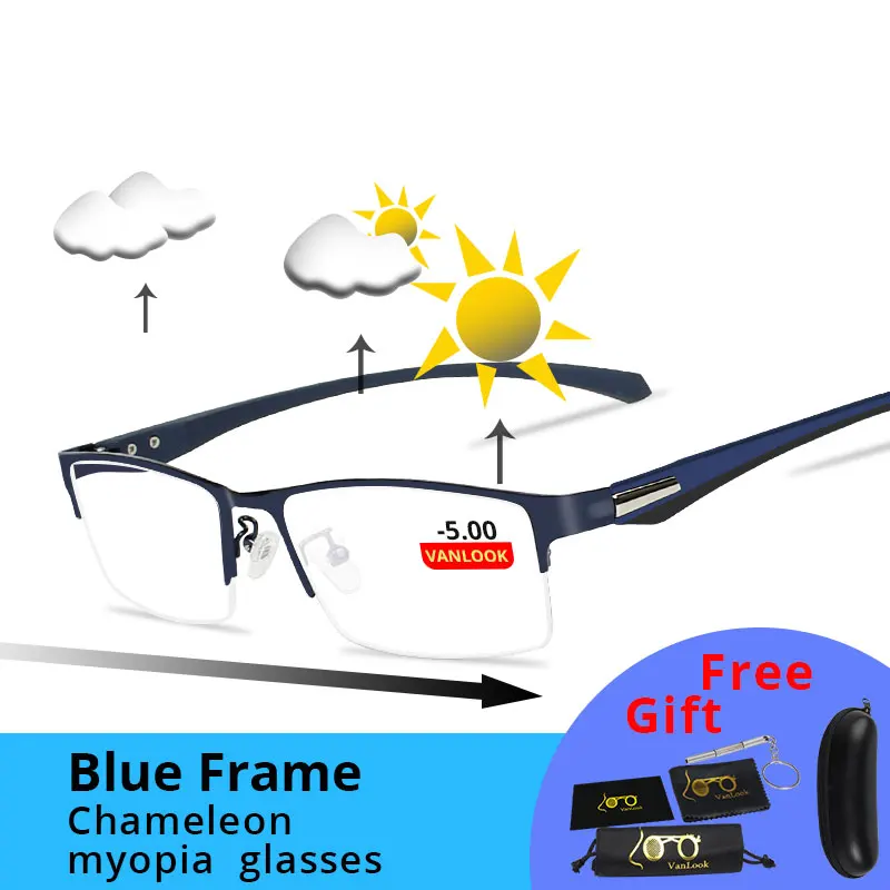 Blue-5.00 Близорукость, мужские компьютерные очки, фотохромные солнцезащитные очки, хамелеон, анти синий луч, игровой прицел по рецепту-1,25-1,75-5-5,5-6,0 - Цвет оправы: Blue-5.00