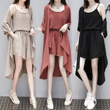 

Women Summer 3 Pieces Set Tank ChiffonTop + Shorts Set Female Suit Casual Set Female Clothing 3 Piece Set Plus Size 5XL WF239