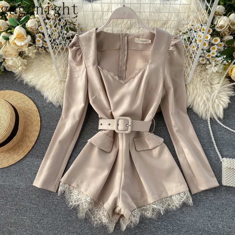 

Gaganight Vintageg Solid Women Elegant Jumpsuit Lace Long Sleeve V Neck Playsuit Short Jumpsuits Office Lady Korean with Sash