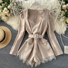 Gaganight Vintageg Solid Women Elegant Jumpsuit Lace Long Sleeve V Neck Playsuit Short Jumpsuits Office Lady Korean with Sash