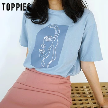 

Abstract T-shirts Character Printing Women Tops Solid Color Summer white Cotton Tops Tees harajuku clothing