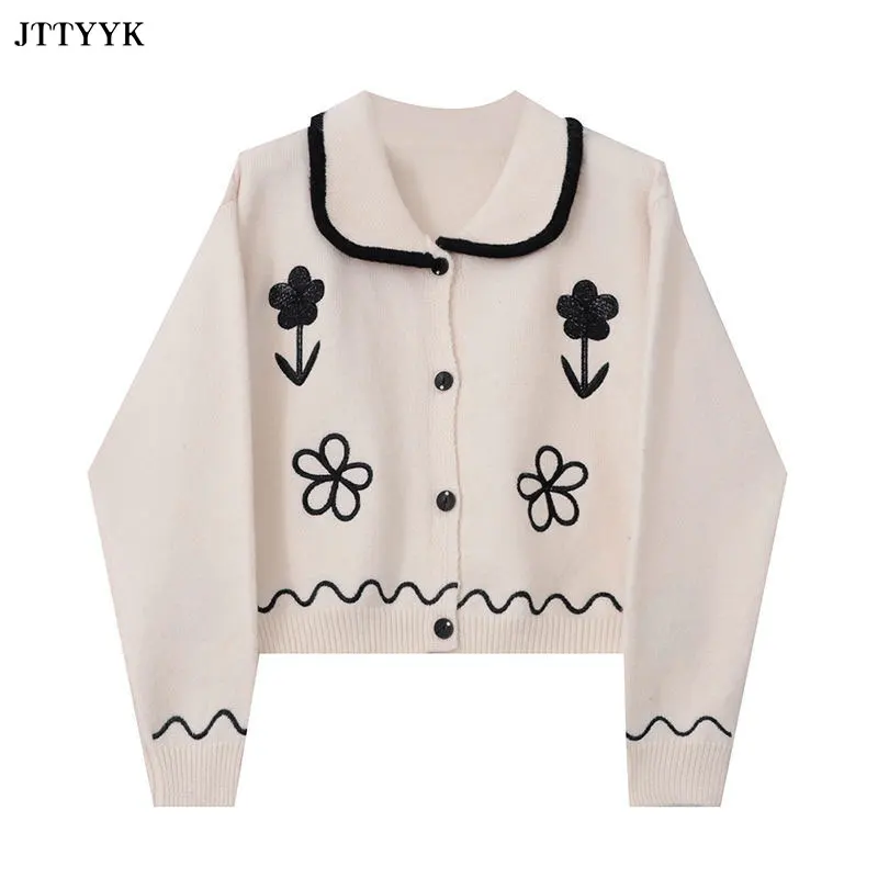 

2020 Autumn Knitted Cardigan Jacket Womens Loose Lapel Flower Embroidery Sweater Short Long-sleeve Sweater Cardigan Tops Womens