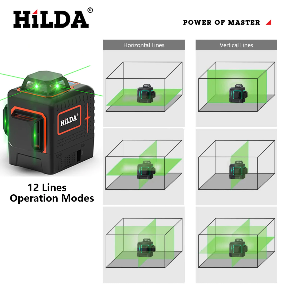 HILDA – niveau Laser vert 12 lignes 3D à nivellement automatique, lignes  transversales horizontales et verticales à 360 °