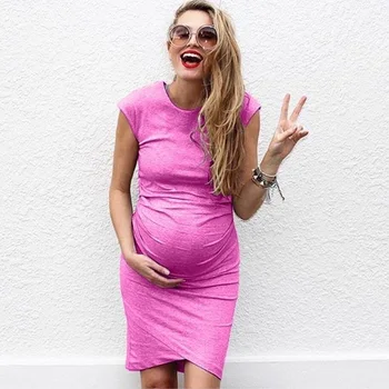 

New Pregnant Women Dress Solid Color Short Sleeves Crew Neck Breathable Dress for Expectant Mother