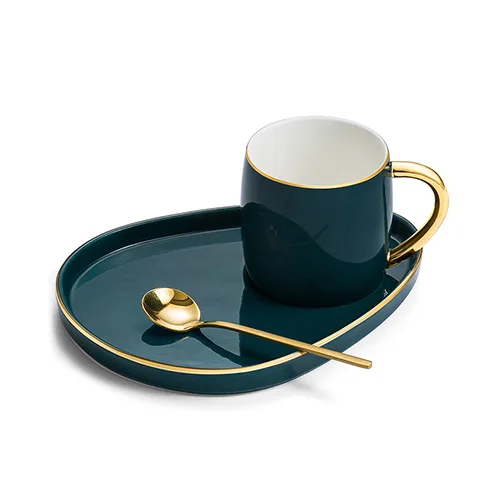 Японский стиль Роскошная керамическая чашка с тарелкой креативная Золотая кофейная кружка блюдо для закусок набор простой английский послеобеденный чай чашка с ложкой - Цвет: Зеленый