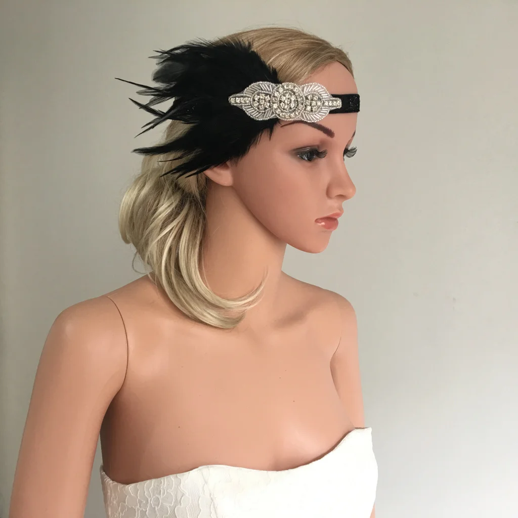 Винтаж 20s черное перо повязка на голову свадебный головной убор Хлопушка маскарадное платье