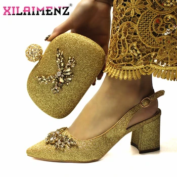 

Comfortable Heels Italian Women Shoes and Bag Set in Golden Color High Quality African Lady Shoes Matching Hand Bag for Wedding