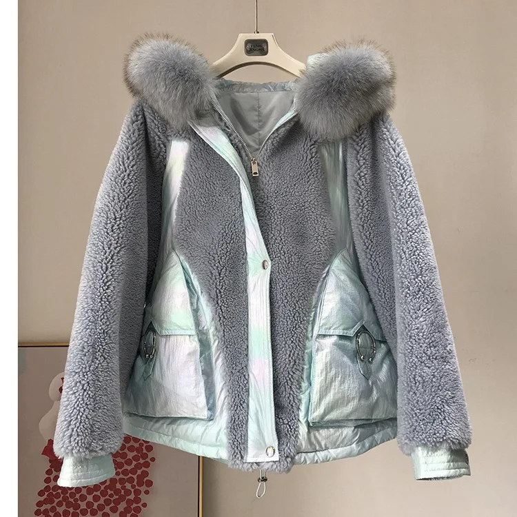 blue Женский пуховик с натуральным мехом, с капюшоном, воротником, овечьим мехом, пальто, женская зимняя парка, большие размеры, зимняя одежда - Цвет: blue