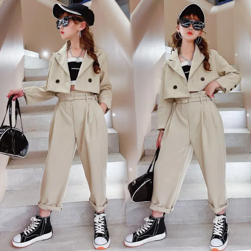 Teenage Girl Blazer Suits Clothing Sets Spring Autumn Kids Jackets+Pants+Belt Loose Formal Casual Outfits 3pcs girls clothes set