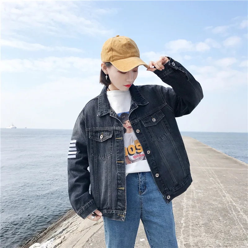 

New Style Hong Kong Flavor Retro Loose-Fit Versatile Korean-style BF Soot Black And White with Pattern Jeans Coat Women's Embroi