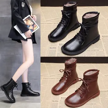 

2020 NEW Boots Women Ankle Boots Platform Leather Plush Keep Warm Black Brown Ladies Boots Combat Motorcycle Boots Women Shoes