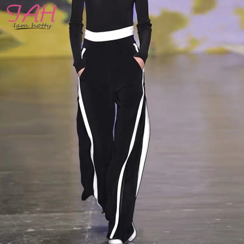 

Iamhotty Striped Procket Casual Wide Leg Pants Flat Black Basic High Waisted Pants 2019 Spring Fashion Loose Solid Women Joggers
