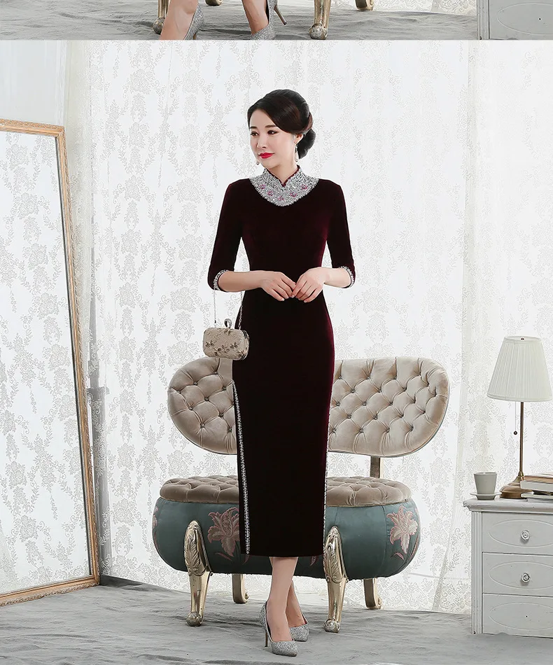 Стиль ретро бархатный cheongsam с бисером для ногтей шоу платье cheongsam элегантное женское платье китайские женщины