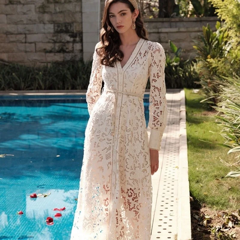 

Женское ажурное платье до щиколотки, элегантное платье с вышивкой в богемном стиле, V-образным вырезом, поясом и длинным рукавом, пляжные платья для отпуска