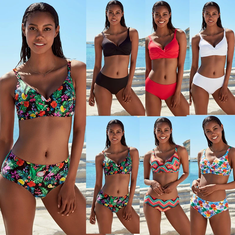 

RXRXCOCO Floral Print Swimwear Female High Waist Swimming Suit for Women Solid Color Split Swimwear 2019 maillot de bain femme