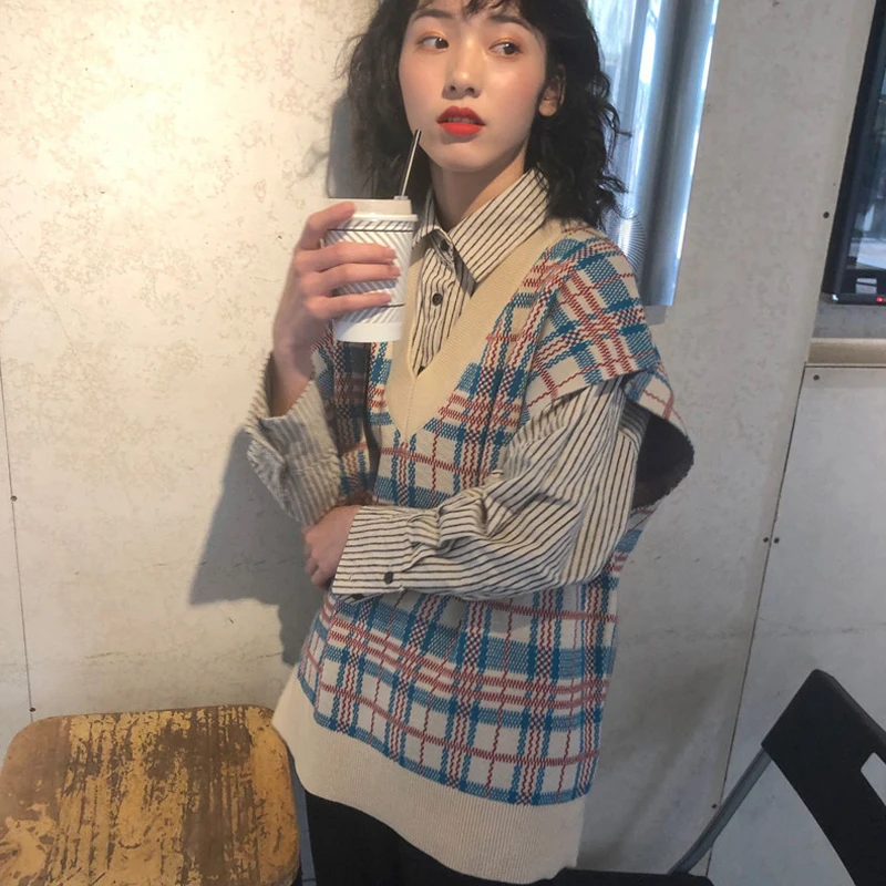 Woherb осенний винтажный клетчатый свитер жилет женский без рукава v-образный вырез вязаный жилет Женский Повседневный Harajuku Корейская одежда