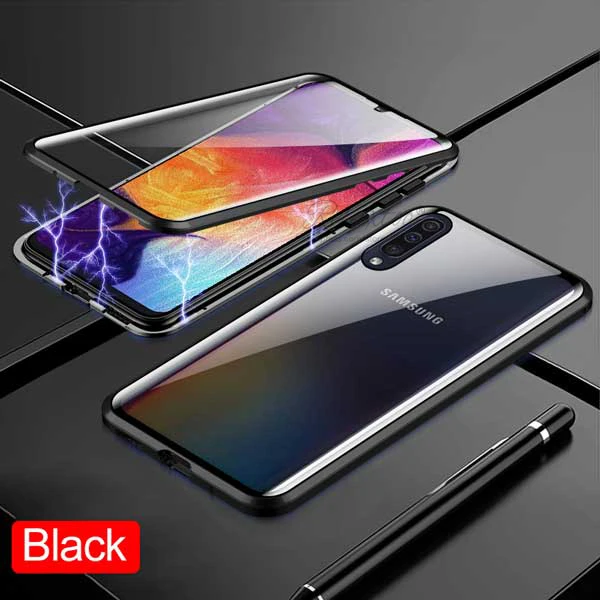 360 Полный Магнитный адсорбционный чехол для samsung Galaxy a50 a50s двухсторонние защитные чехлы с закаленным стеклом для galax a70 a30 a20 - Цвет: Black-Transparent