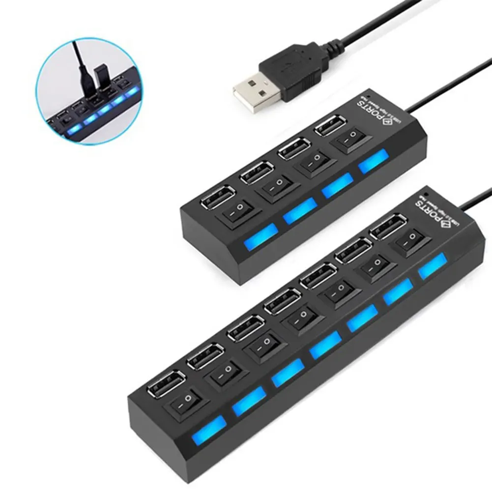 High Speed 7 Ports Hub Led Usb 2.0 Adapter Hub Multi-Port Socket Powered On/off Switch Charger Splitter 4 Ports For Pc Lap. 