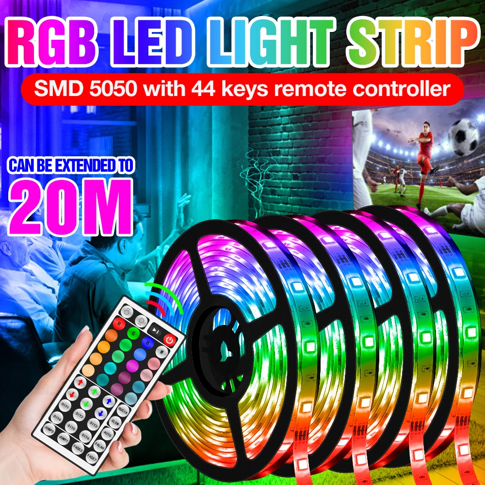 

RGB 5050 Wireless Strip Light LED Flexible Lamp Brighter 5M DC12V Desktop Screen Backlit Decor Tape Ribbon US EU UK Plug Adapter