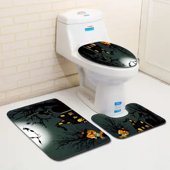 

Halloween Party Toilet Seat Cover Memory Foam WC Mat Pumpkin Lantern Printed Anti slip Bath Mat Set for Bathroom