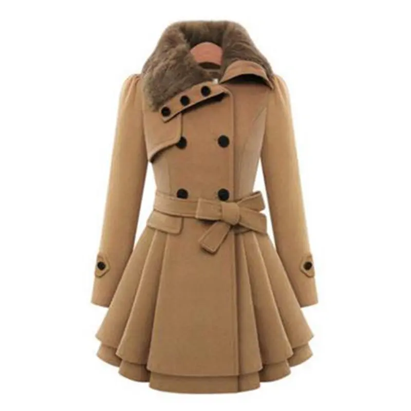 

2019 Winter Warm Black Women Wool Coat Vintage England Woolen Blends Plus Size 4XL Overcoats Faux Fur Collar Belt Fashion Coats
