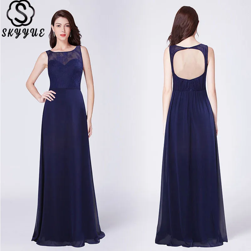 

Skyyue 2019 Sleeveless Solid Evening Gown Sexy Square Collar Backless Robe De Soiree Lace Women Party Dresses C449