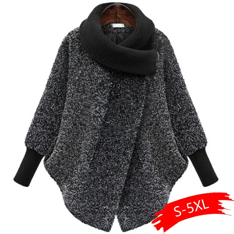 Plus Size Bat Sleeved Woolen Coat Scarf Collar Jackets Women Winter Fashion Outerwear Thicker Loose Coat Zipper Casual