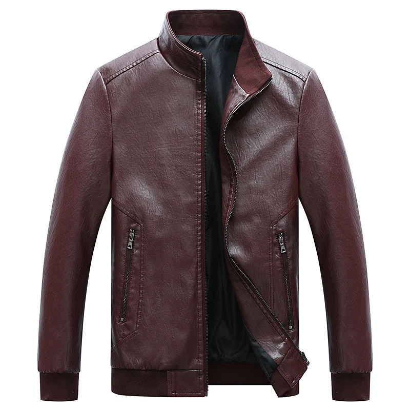 

2019 Autumn And Winter New Style Fashion Solid Color Stand Collar Large Size Pocket Zipper Design MEN'S Leather Coat 1911