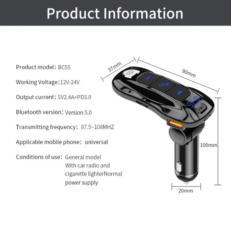 Прочный USB Автомобильное зарядное устройство классическое нежное BC55 18 Вт PD QC 3,0 USB зарядное устройство BT Hands-free автомобильный комплект fm-передатчик mp3-плеер