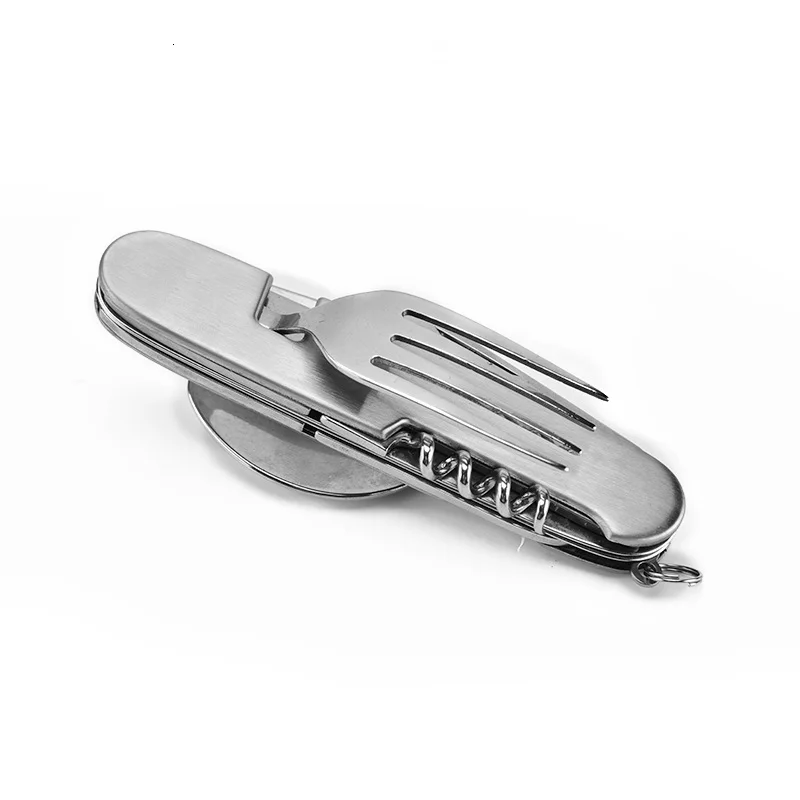 Прямая поставка 6in1Multifunction посуда для пикника нержавеющая сталь кемпинг путешествия столовые приборы складной ножик ложка Вилка Нож