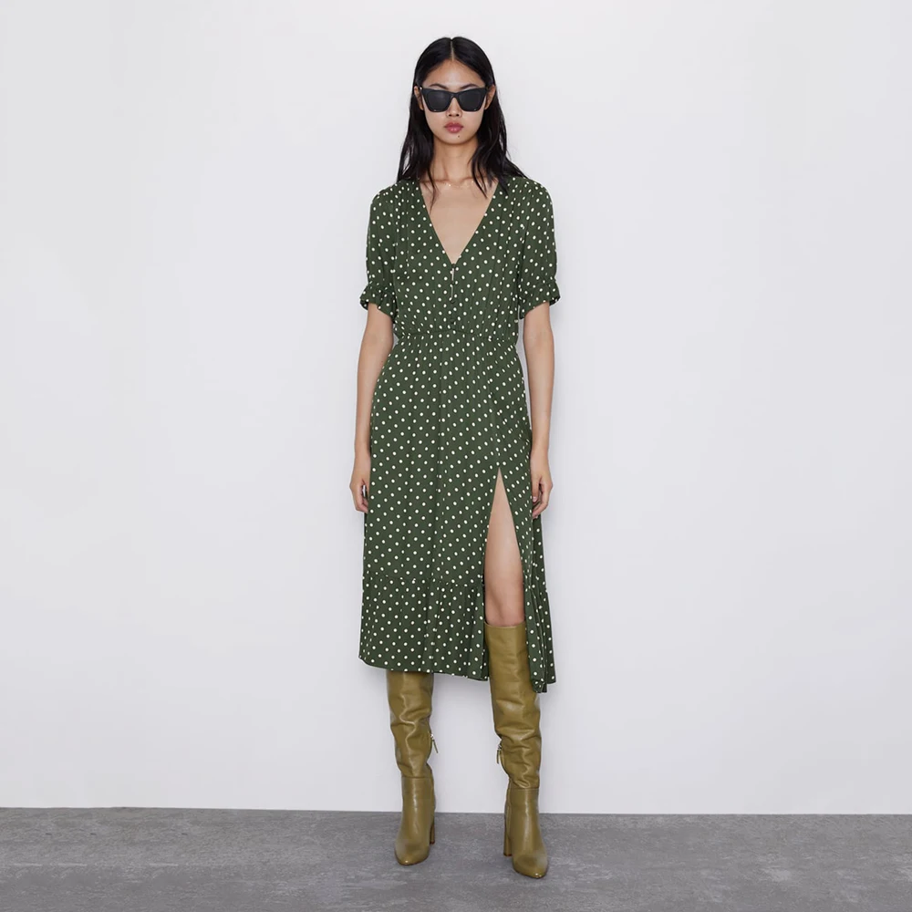 

Trendy ZA Polka Dot Print Dress Women V-Neck Pleated Short Sleeve Laminated Decoration Front Split Hem Autumn Style Dress