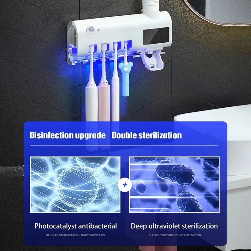 Toothbrush Holder Toothpaste Dispenser Toothbrush Storage Box UOSU UV Toothbrush Holder Toothpaste Dispenser Solar Energy Bathroom Toothbrush Storage Box Household Bathroom Accessories Set