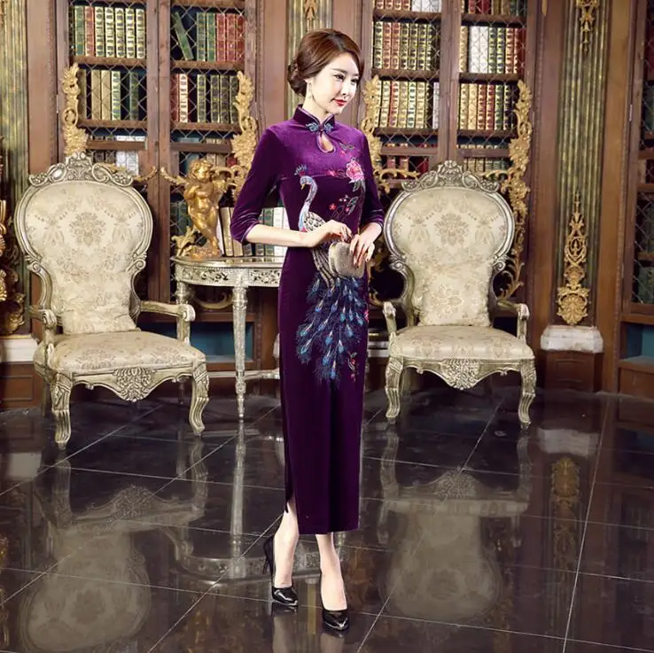 Размер S-4XL китайское Ципао классическое женское бархатное тонкое платье Cheongsam Новое Вечернее Платье