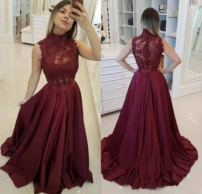 

2020 New Arrival High Neck Long Burgundy Prom Dresses A Line Sweep Train Evening Formal Party Dress with Back Button Vestido