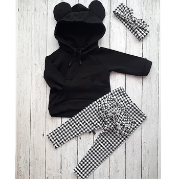 

1-6Y Autumn Winter Lovely Toddler Baby Girls Clothes Sets 3PCS 3D Ears Hooded Pullover Black Tops+Ruffles Plaid Pants+Headband