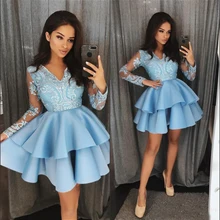Свет Небесно голубые шорты коктейльное Платья для вечеринок с длинными рукавами с аппликацией из кружева атласный Многоуровневое девочек Встреча выпускников/корпоративы Выпускной платья для выпускного бала