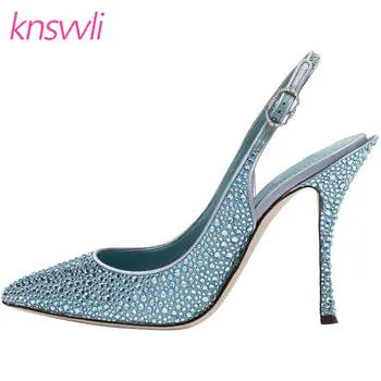 

Rhinestones Bling High Heel Women Pumps Blue Slingbacks Sexy Thin Heel Sandals Woman Crystal Stiletto Prom Party Shoes Woman