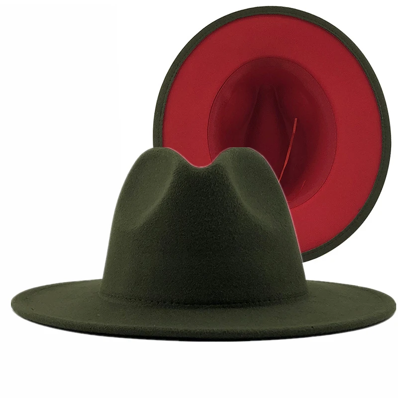 60CM red with gray Bottom Patchwork Panama Wool Felt Jazz Fedora Hats Women Men Wide Brim Party Cowboy Trilby Gambler Hat 4