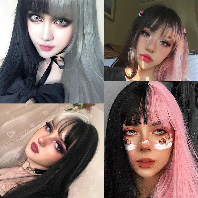 Lolita Half Black Half Pink Wig For Black Women African American Synthetic Pink Hair Wigs With Bangs Heat Resistant Cosplay Wigs Synthetic None Lace Wigs Aliexpress