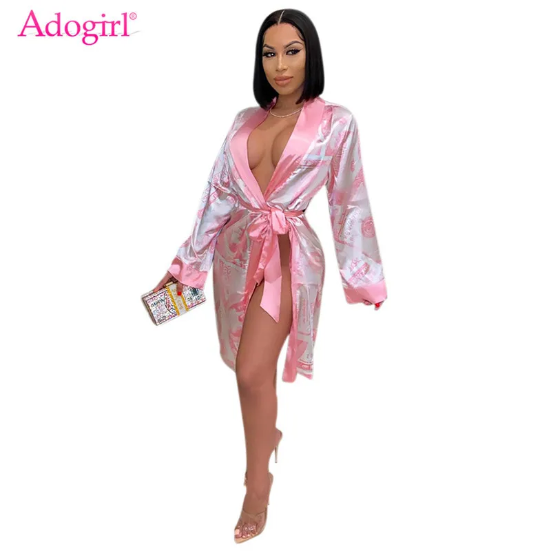 

Adogirl Home Silky Dollar Bill Print Women Long Cardigan Jacket Lace Up Belt Casual Sexy Long Sleeve Loose Pajamas Dress Coat