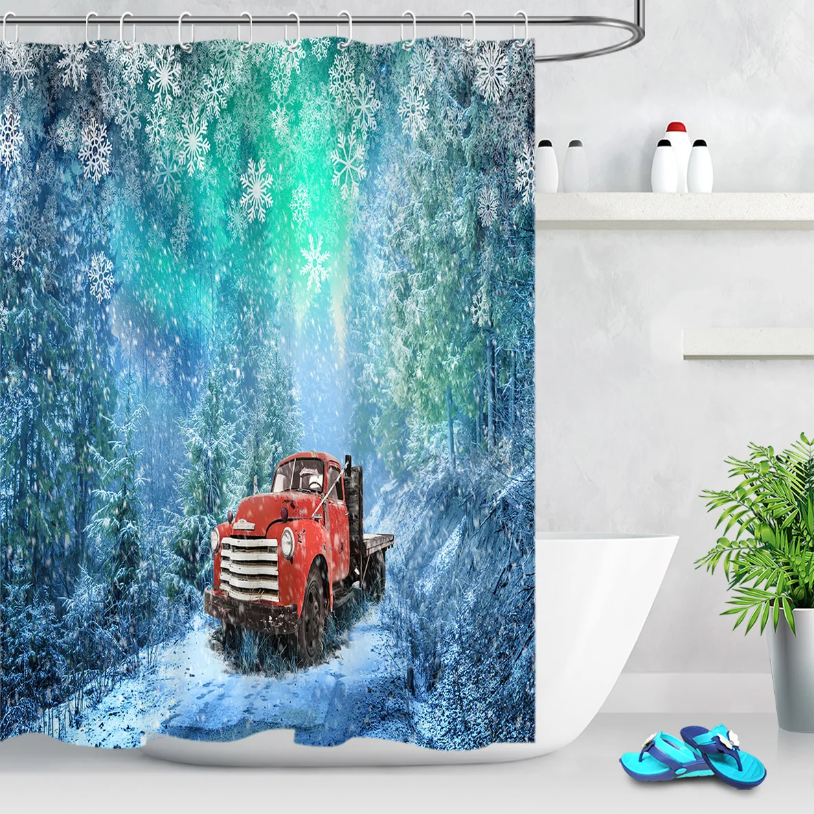Christmas Shower Curtain With Hooks Fir Tree Snowflake Vintage Red Truck Bath Curtains For Bathroom Decoration Non-slip Carpet
