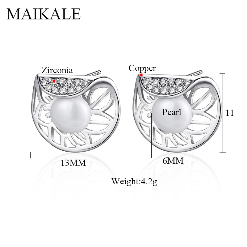 MAIKALE, новинка, модные круглые серьги-гвоздики с жемчугом, цирконием, полые геометрические серебряные серьги для женщин, ювелирные изделия, подарки