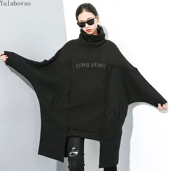 

2019 winter clothing new stitched plus velvet Turtleneck irregular batwing sleeve womens hoodies pullover knitted patchwork Z3