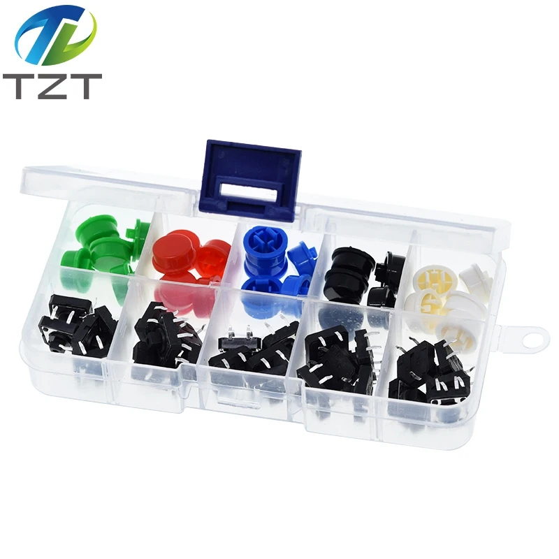 Tactile Push Button Switch 25PCS Tactile Push Button Switch Momentary 12*12*7.3MM Micro switch button + 25PCS Tact Cap(5 colors) For Arduino with Case