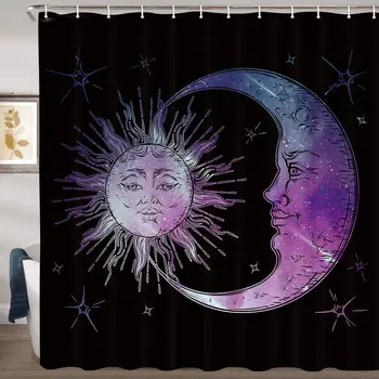 

Sun and Moon with Universe Starry Sky Shower Curtain Bathroom Waterproof Polyester Fabric Curtain for Bathroom with Shower