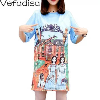 

Vefadisa Pattern Printing Short Sleeve T-Shirt Dress Long Summer T-Shirt O-Neck Knee Length T-Shirt Pullover Loose Dress ZLD623