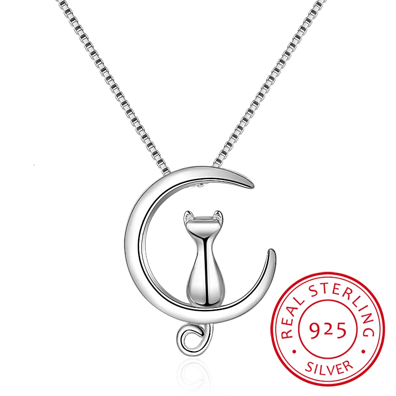 925 sterling silver necklace women moon kitten cat necklaces & pendants link chain Kolye S-n187 pendant necklace,silver necklace,silver pendant,silver necklace charms
