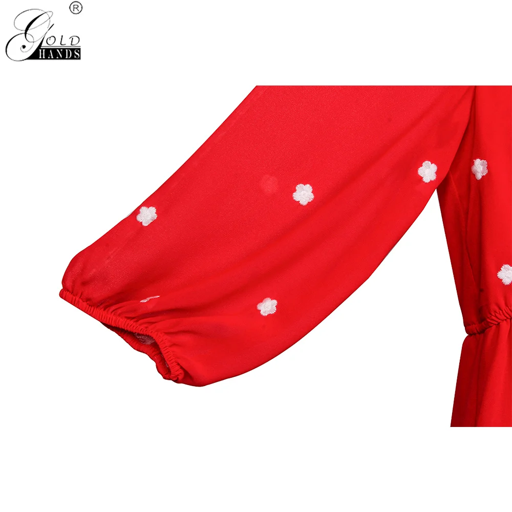 Gold Hands New Hot Summer Women Red Dress V-neck Half Sleeves Large Size Casual Holiday Dress Embroidery Slim Chic Dresses